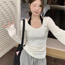 韩系白色V领叠穿长袖t恤女春秋新款修身显瘦甜辣妹正肩上衣两件套