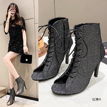 鱼嘴凉靴女2022新款夏季短靴子镂空细跟绑带爵士舞跳舞高跟鞋大码