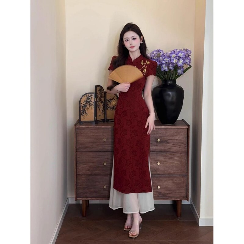 [Huayue] New Chinese-style Contrast Embroidered Fake Two-piece Improved Cheongsam Slim-fit New Cool Slimming dress