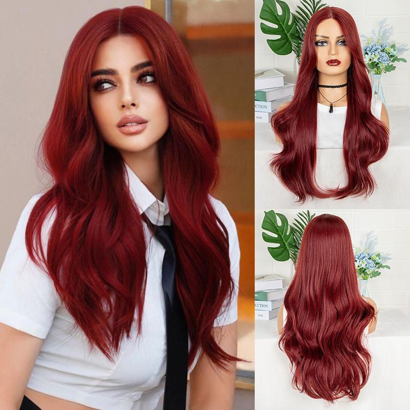 European and American Fashion New Women's Medium-Parted Burgundy Long Curly Hair Big Wave High-Temperature Synthetic Fiber Wig