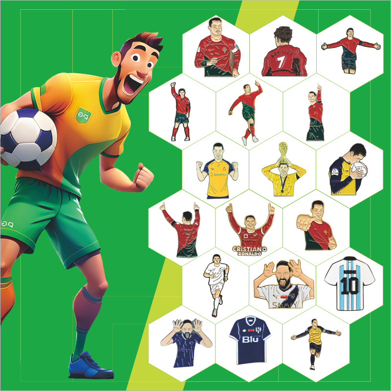 Fabricante personalizado Champions League World Cup Football Super Star Metal Insignia Imagen de dibujos animados Etiqueta del teléfono móvil Insignia Regalo