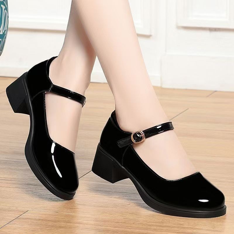 2026 primavera y otoño nuevos zapatos de cuero suave brillante, zapatos de talón grueso y medio cómodos, antideslizantes, zapatos de cabeza redonda superficiales