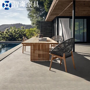 Outdoor Rattan Table and Chair Teak Villa Courtyard Nordic Leisure Solid Wood Furniture Garden Balcony Waterproof Sunscreen Combination