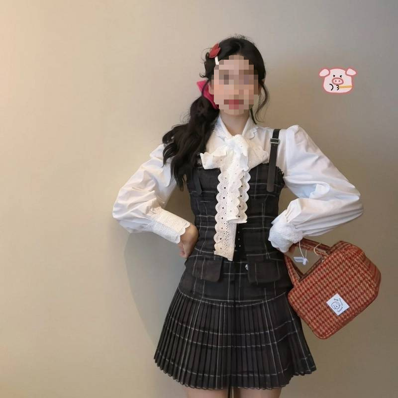(2개) 봄 한국 드라마 여성 착용 디자인 감각 활기찬 나이 감소 대학 스타일 셔츠 슬링 주름 치마 3 피스 세트 여성