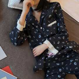 2025早秋新款睡衣女天丝棉印花长袖长裤套装家居服可外穿