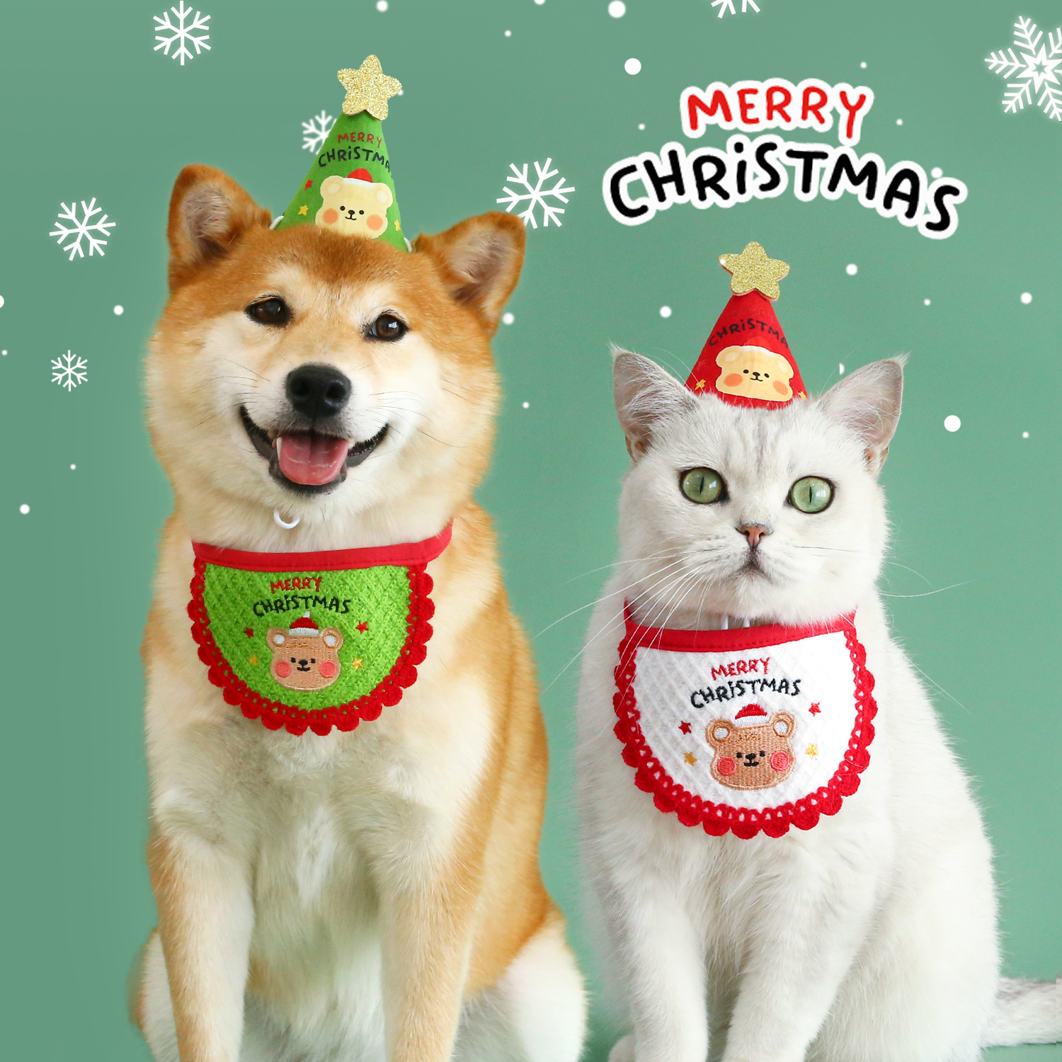 Bordado Feliz Navidad oso traje de mascota fieltro estrella de cinco puntas de dibujos animados tridimensional sombrero babero bufanda gato perro conejo