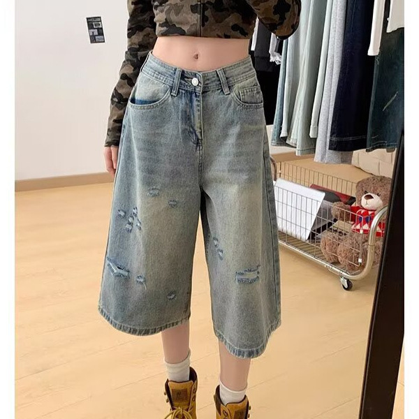 American Style Ripped Denim Cropped Pants for Women, Summer Thin Mid-Length Loose Straight Pants, Plus Size Shorts
