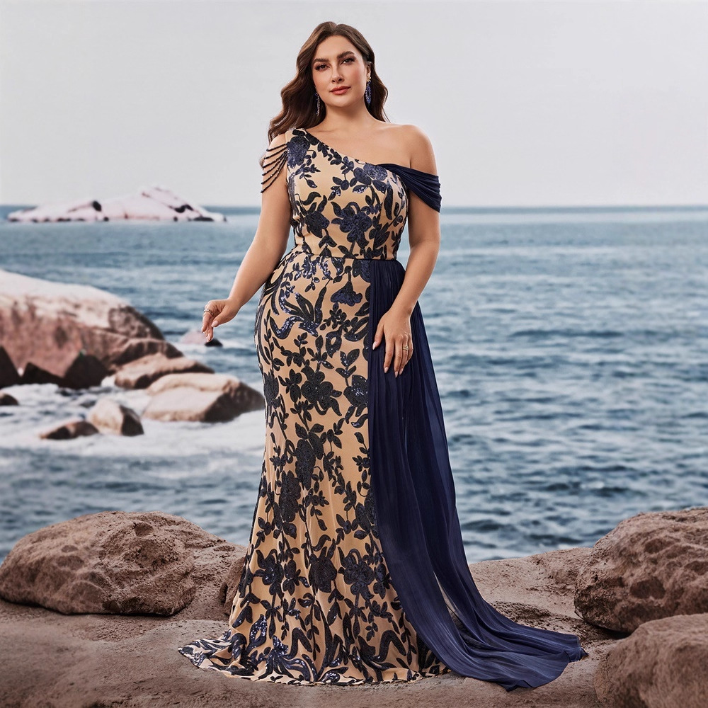 European and American Large Size New Sequined Sleeveless Evening Dress Banquet Elegant Slim Fishtail Skirt Long Toast Dress for Women