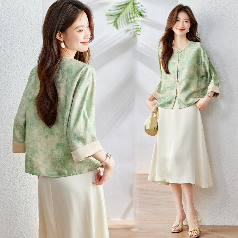 2026 Summer New Chinese-Style Double-Sided Loose Jacquard Silk Jacket with Button Fasteners and 7/8 Sleeves