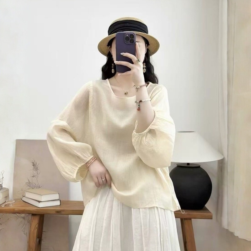2026 Summer New Solid Color Round Neck Lantern Sleeve Shirt, Loose and Comfortable Women's Top, Lazy Blouse 2026 Summer New Solid Color Round Neck Lantern Sleeve Shirt, Loose and Comfortable Women's Top, Lazy Blouse