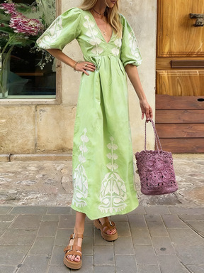 Women's Loose Relaxed Cut-Out Dress With Printed V-Neck Puff Sleeves_ecoleips.com
