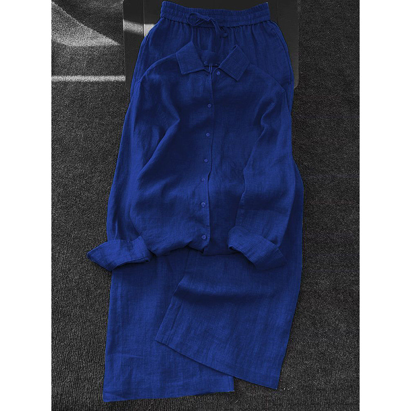 Navy Blue Two Piece Set For Women Summer Cool And Stylish Outfit Relaxed Fit Fashionable Shirt Wide Leg Pants_ecoleips.com