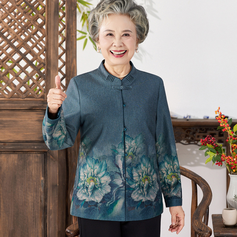 中老年人秋外套女奶奶衣服5新印花长袖立领衬衫妈妈中式套装|undefined
