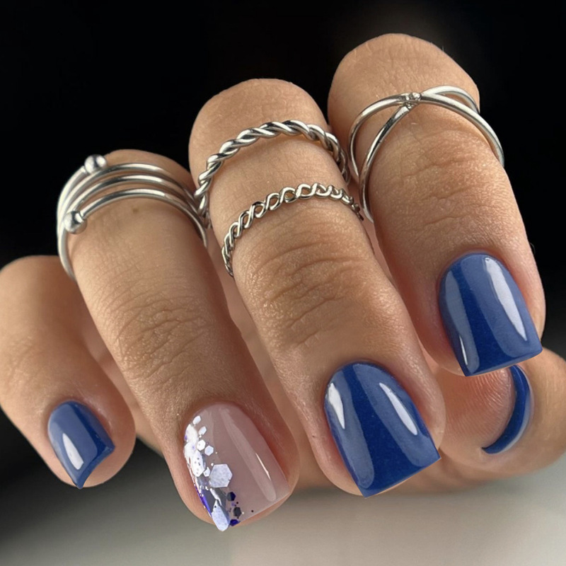 Cross-Border Hot-Selling Chinese-Style Dark Blue High-End Manicure Wearable Nail Mirror Silver Rhombus Fake Nail Manicure Patch