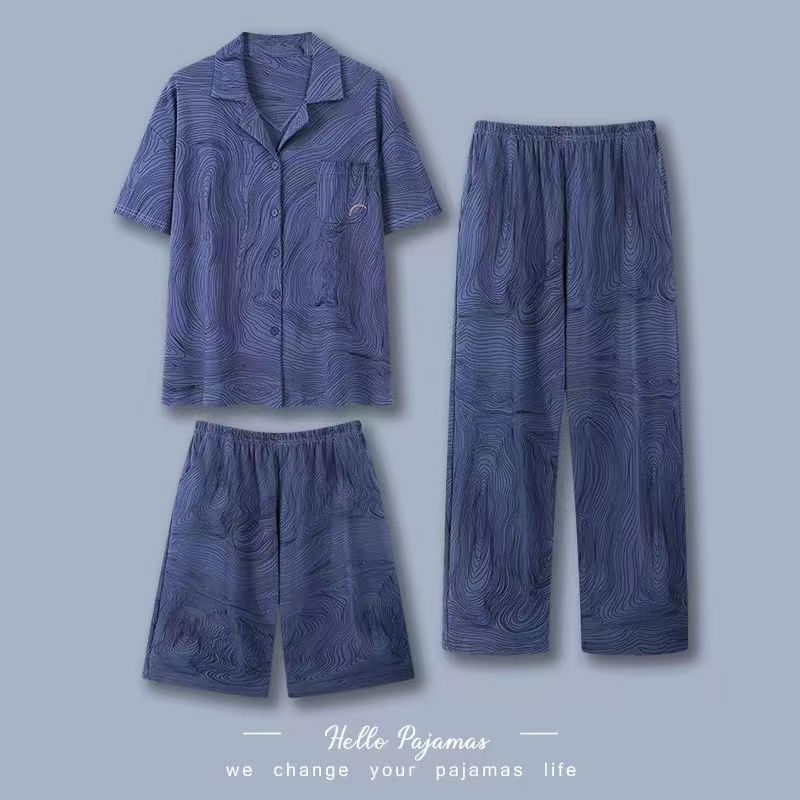 Pajamas de hombre de algodón de tres piezas, pantalones largos de manga corta de verano, ropa casera para hombres, set delgado casual
