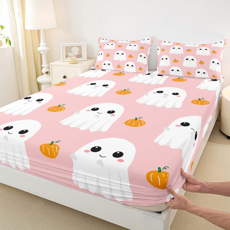 Cross-Border Three-Piece Fitted Sheet Set Cartoon Halloween Theme Ghost Pattern Fitted Sheet Bedding Set for Adults and Children