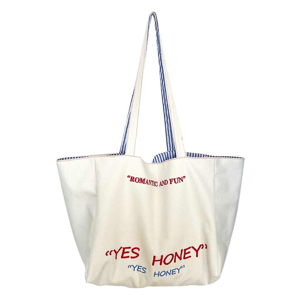 Bolso de mano de gran capacidad de doble cara de nuevo bolso de hombro a rayas con textura bordado estudiante universitario bolsa de lona bolso de viajero femenino