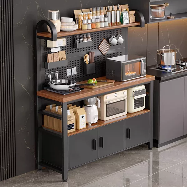 New Kitchen Storage Rack, Multi-Functional Perforated Board, Wall-Mounted Workbench, Microwave Oven, Pot Storage Rack, Side Cabinet