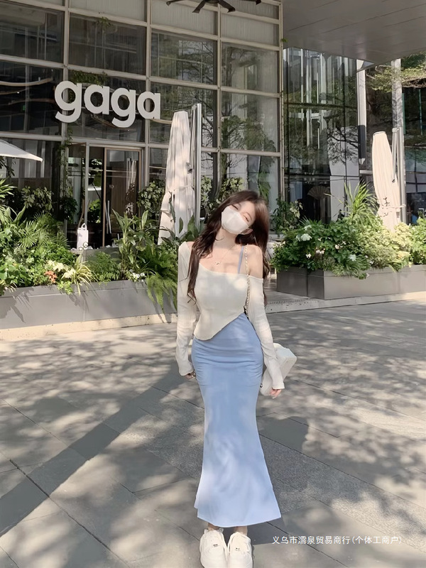 Purely Sexy Blue Suspender Dress for Women in Early Autumn, Waist-Cinching Tight Fishtail Skirt, Hip-Hugging Mid-Length Skirt, Spring and Summer Wear