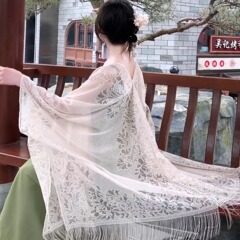 白色夏季复古百搭薄款防晒披肩镂空流苏披风外搭旗袍开衫外套斗篷