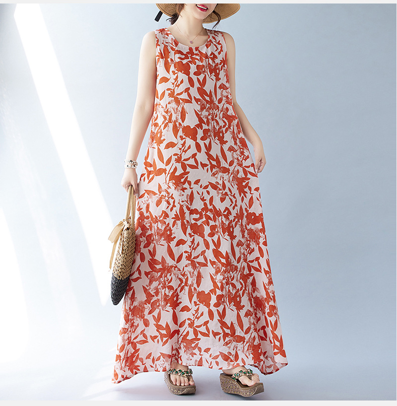 Real Shot Of The 2024 Summer New Bohemian Artistic Loose Sleeveless Round-neck Printed Mid-length Dress For Women_ecoleips.com