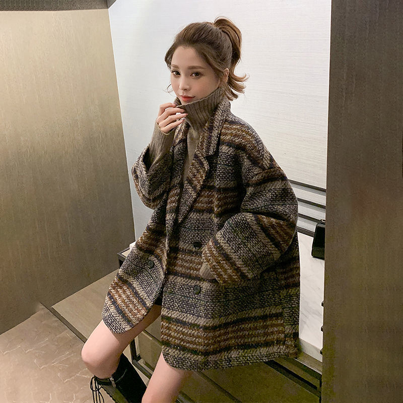 格子中长款加厚女2025春季新款小香风高级宽松呢子大衣西装外套女