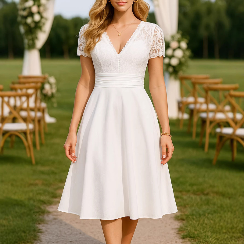 Cross-Border Spring and Summer Women's Elegant and Pure V-Neck Lace Short-Sleeved Mid-Length Dress Suitable for Weddings and Garden Parties