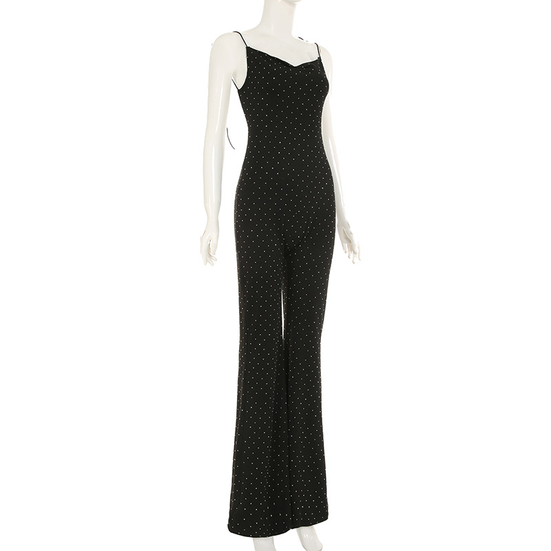 Women Clothing Rhinestone Sexy Siamese Trousers Elegant V neck Slim Fit Sheath Bell Bottom Pants Jumpsuit
