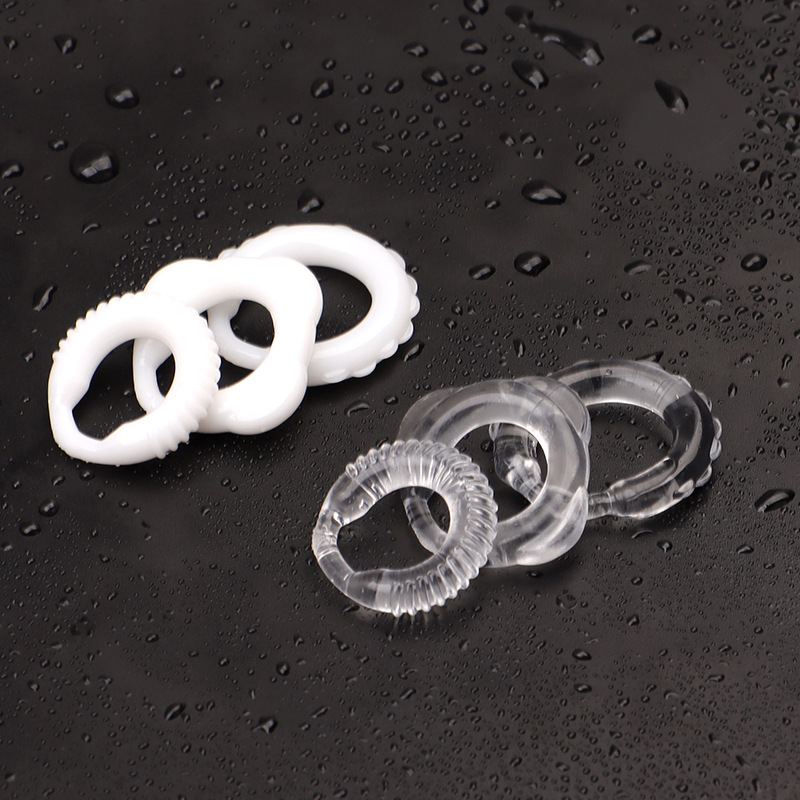 Men’s Textured Triple-Ring Delay Ring, TPE, White, Non-Vibrating — detail image 4