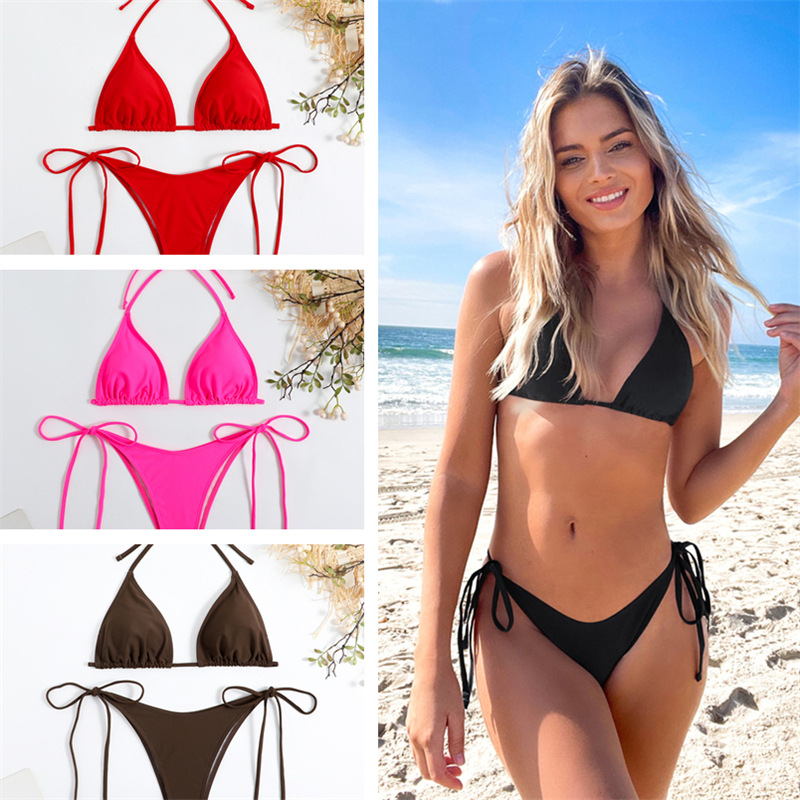 2025 Solid Color Swimsuit Separates Bubble Fabric Sexy Triangle Bikini Aliexpress Amazon Multi-Color Strap Swimsuit