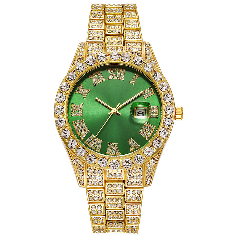 Hiphop watch popular men's steel belt hip hop Roman scale diamond calendar men's quartz watch_voghion.com