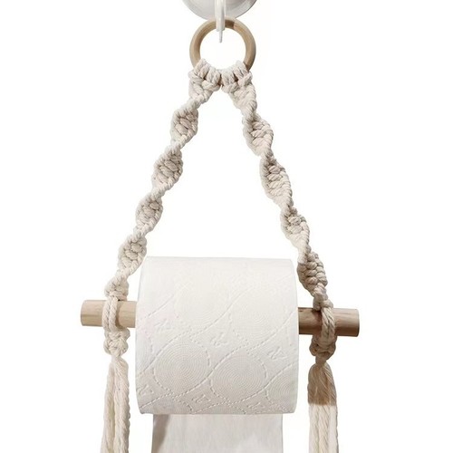 Nordic Style Wall-mounted Wooden Rod Cotton Rope Paper Towel Holder and Towel Rack Shelf for Bedroom Living Room Hand-woven Homestay Decor Tapestry