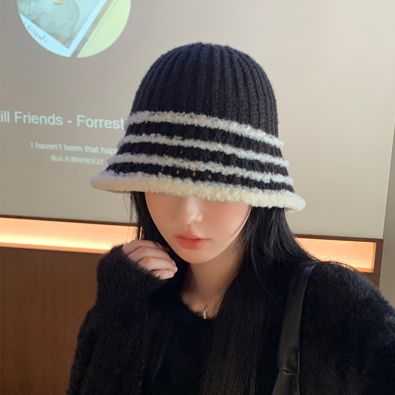 Autunno e inverno nuovo cappello coreano a righe lavorato a maglia con viso piccolo a secchiello per esterni in lana lavorata a maglia calda e alla moda_voghion.com