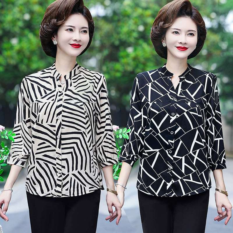 Летняя футболка с принтом для мамы, новый стильный топ для женщин среднего возраста с круглым вырезом для свекрови, нижняя рубашка в китайском стиле для людей среднего и пожилого возраста.