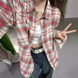 美式辣妹复古格纹长袖红色衬衫女春秋装纯欲慵懒风格子上衣外套潮