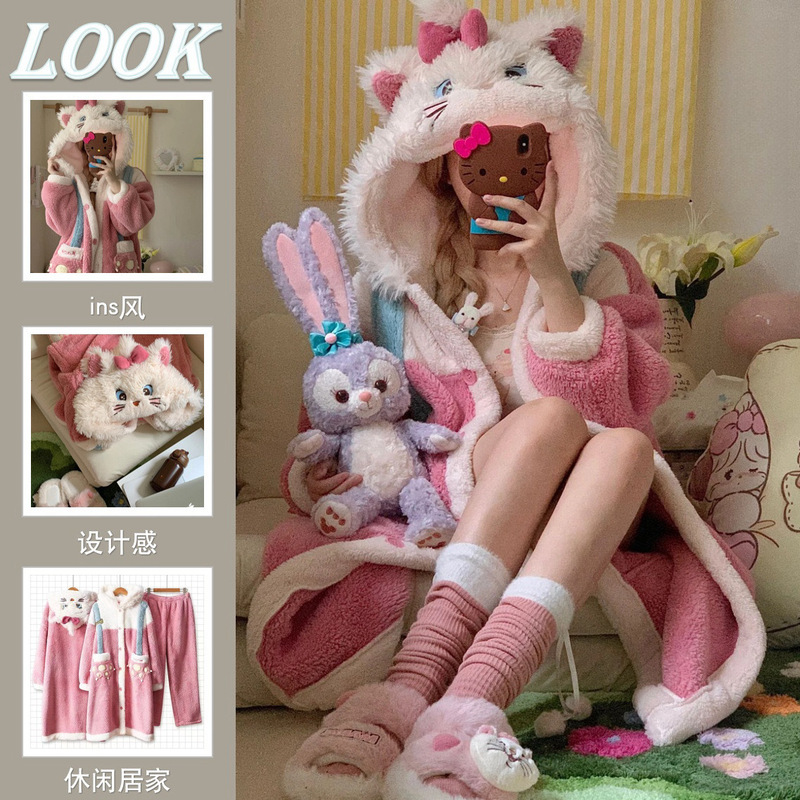 Cartoon Mary Cat Pajamas Nightgown Thickened Warm Flannel Coral Fleece Home Clothes Nightgown suit Student Winter Cartoon Mary Cat Pajamas Nightgown Thickened Warm Flannel Coral Fleece Home Clothes Nightgown suit Student Winter