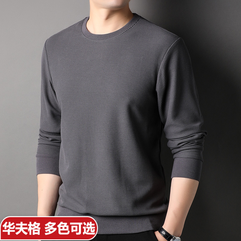 Waffled Crewneck Mulberry Silk Sweater Men's Spring and Autumn New Base T-Shirt Young and Middle-aged Fashionable Top for Men