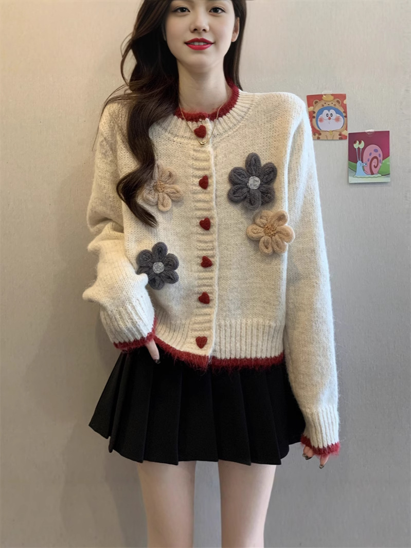 2025 otoño y invierno nuevo estilo coreano tridimensional gancho flor de punto Cardigan amor botón suéter retro chaqueta de chaqueta de comercio exterior mujeres image 3