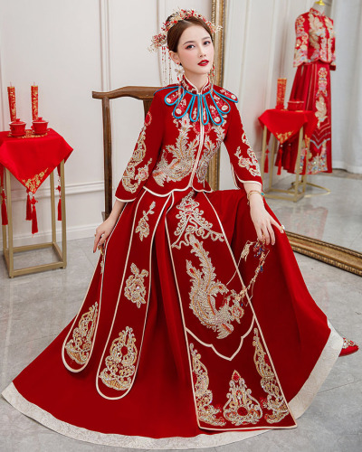 Xiuhe dress wedding party Chinese wedding bridal gown female velvet photos shooting Xiuhe chinese wedding dress with diamond stage performance dress