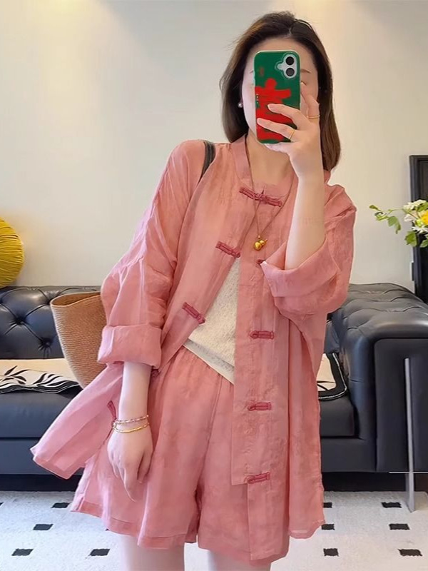 ファットmm新しい中国風レトロスーツ女性のピンクバックル日焼け止めシャツツーピースセットootd着用新しいショーツトレンディ|undefined