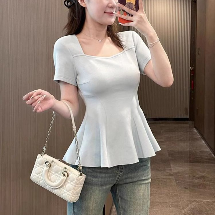 プラスサイズファットmm右肩スクエアカラー半袖Tシャツ女性用、肉感カバー、ウエストカーブデザイン、半袖ウエスト痩身トップ|undefined