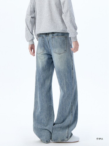 Lightning-pattern denim jeans for men, washed and aged style, American-style bootcut pants, autumn high-street trousers, loose-fit straight-leg flared-length pants.