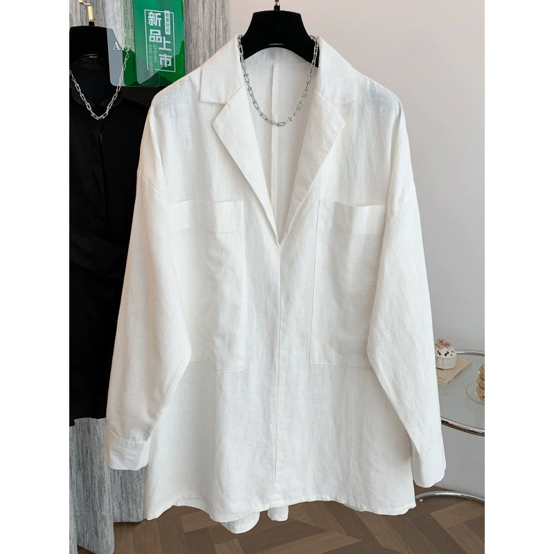 2025 расслабление льняная рубашка женская старая денежная ветряная шея воротник с длинными рукавами свободная тонкая юбка-рубашка