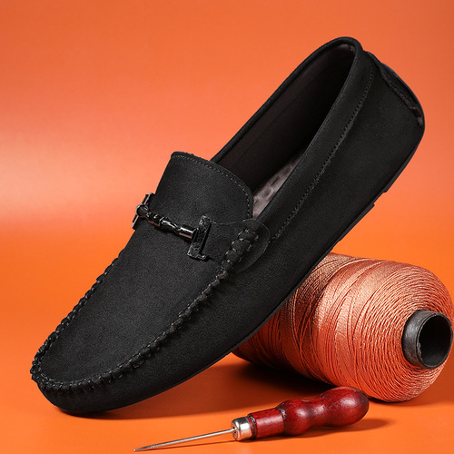 2025 New Four-Season Men's Shoes Korean Style Fashion Casual Slip-On Soft Sole Fleece Bean Shoes Flat Men's Shoes