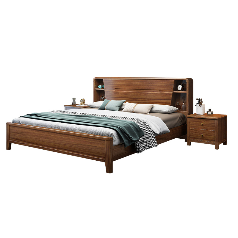 Moderno minimalista cama de madera maciza de nogal 1,8 m cama doble Nordic Luz de lujo 1,5 m dormitorio principal alta caja de almacenamiento cama