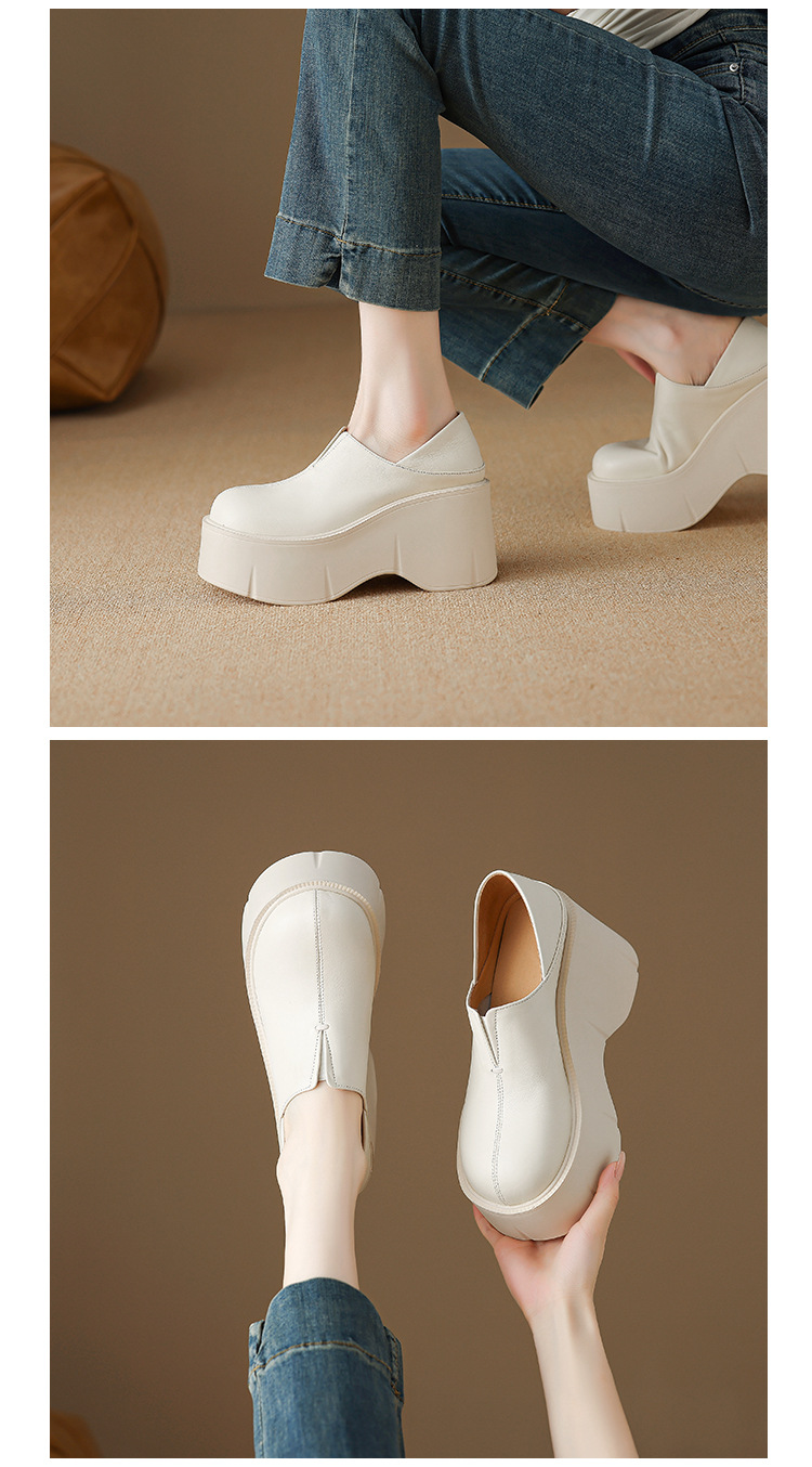 Giày loafer nữ đế xuồng platform da bò cao cấp gót 9 cm — màu đen, màu trắng ngà chi tiết 10