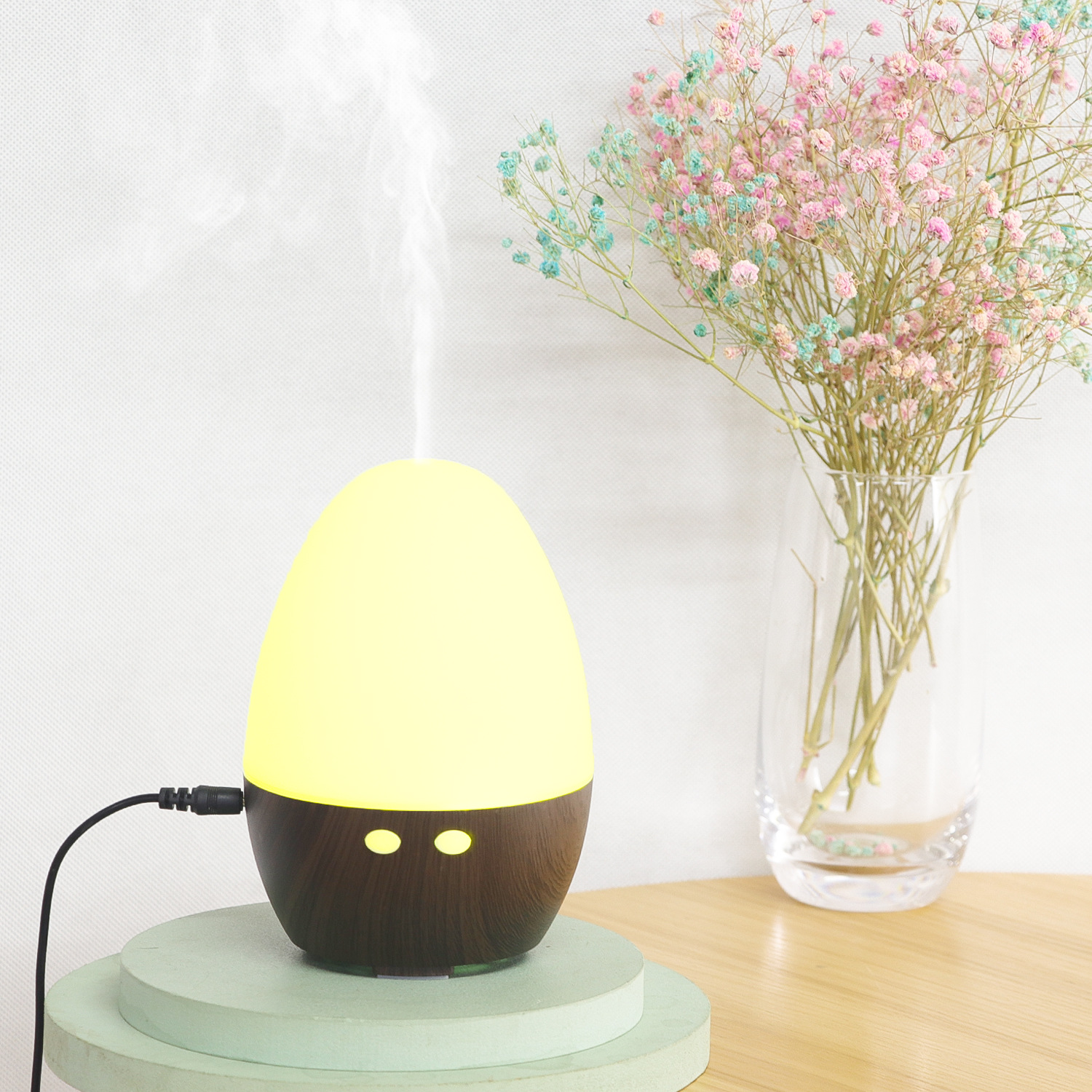 Venta caliente de la fábrica 5V huevo grano madera ronda humidificador USB colorido hogar pequeño mini aceite esencial máquina aromaterapia