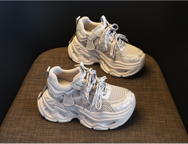 Giày sneaker nữ chunky đế dày tăng chiều cao, đính đá rhinestone, phong cách thể thao — Màu súng chi tiết 5
