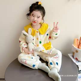 女童睡衣套装2025新款法兰绒秋冬保暖翻领女宝宝珊瑚绒家居服休闲
