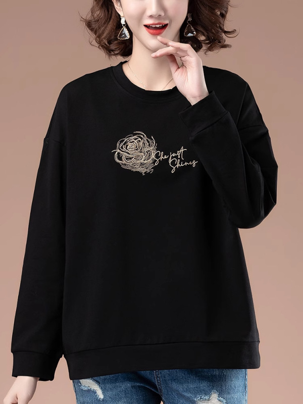 中老年妈妈纯棉卫衣女无帽打底衫春秋薄款长袖百搭加肥加大码上衣|undefined